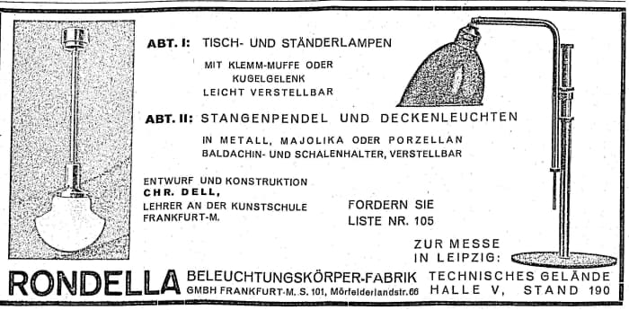 Rondella Lamp by Christian Dell(rechts), 1930s Advert *Owing to the nature of the item we don't have any photos we can use... google it,you won't be disappointed) 