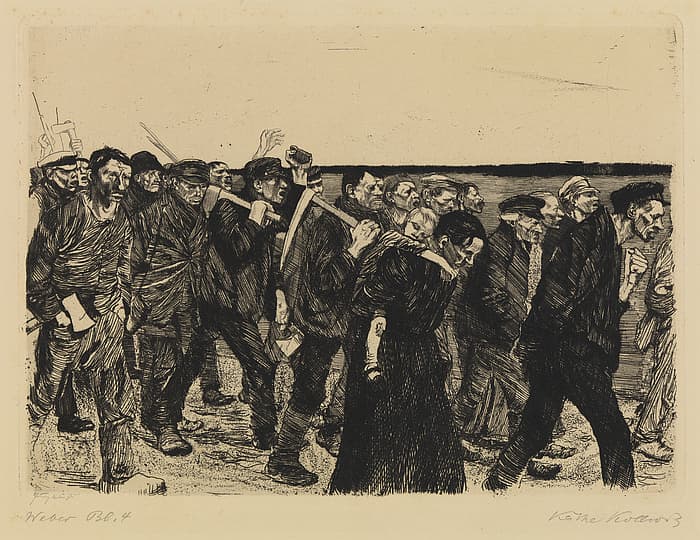 A scene from Ein Weberaufstand by Käthe Kollwitz, 1893-97, in all probability part of Entanglements: On the role of textiles in art and society. Artistic positions from the ifa art collection, Kunstbahnhof, Flöha (image courtesy Statens Museum for Kunst via https://commons.wikimedia.org public domain)