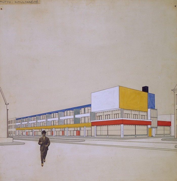Theo van Doesburg, Perspective with final colour design, Shopping arcade with bar-restaurant, Laan van Meerdervoort, The Hague, 1924. (Collection Het Nieuwe Instituut/ Collection Van Eesteren-Fluck & Van Lohuizen Foundation, Amsterdam)