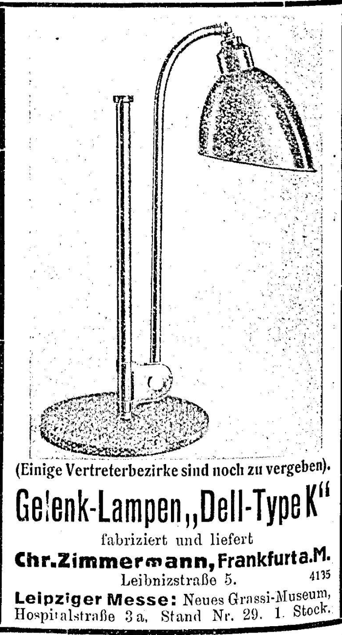 Dell-Lamp Type K by Christian Dell through Zimmermann GmbH, Frankfurt (Advert in context of the 1930 Leipzig Frühjahrsmesse)