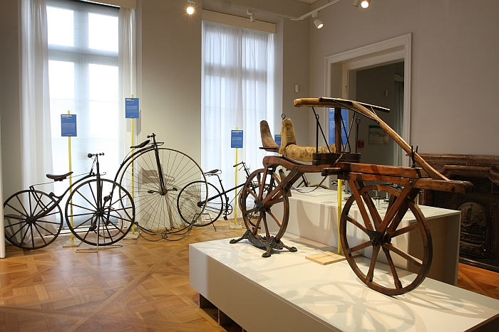 A Draisine by Karl Drais from 1817, the forerunner of the modern bicycle, as seen at Self-Propelled. Or how the bicycle move us, the Kunstgewerbemuseum Dresden