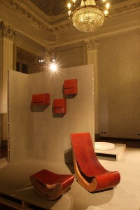 Low Chair and Stool by Kaspar Hamacher with Tannerie Radermecker, on the wall Bag on Wall by Mathias van de Walle with Ralph Baggeley, as seen at Belgian Matters, Milan 2016
