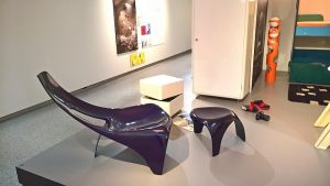 Fibreglass lounge chair and stool by Werner Müller for H.P. Spengler, as seen at Ideal living, Museum für Gestaltung Zürich