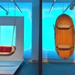 On the right the inspiration, a 1950s folding boat by Marcel Bardiaux. on the right the result, Swing boat from the Objets Nomades Collection for Loui Vuitton