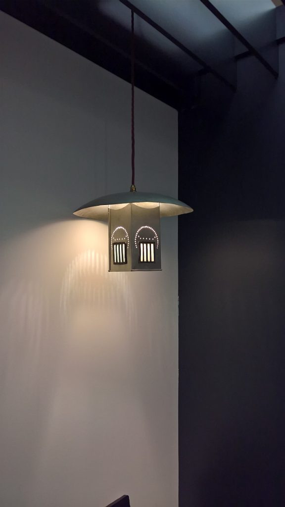 Pendant light from Ingram St tearoom, as seen at Charles Rennie Mackintosh. Making the Glasgow Style, Kelvingrove Art Gallery and Museum, Glasgow