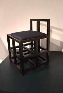 Stool for Willow Tearooms by Charles Rennie Mackintosh, as seen at Charles Rennie Mackintosh. Making the Glasgow Style, Kelvingrove Art Gallery and Museum, Glasgow