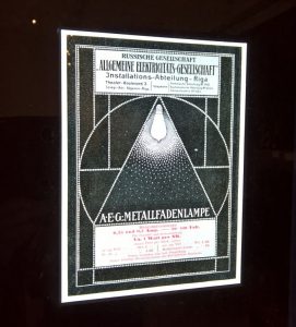 Illuminated AEG advert from 1907, as seen at Peter Behrens. #all-rounder, the Museum für Angewandte Kunst Cologne