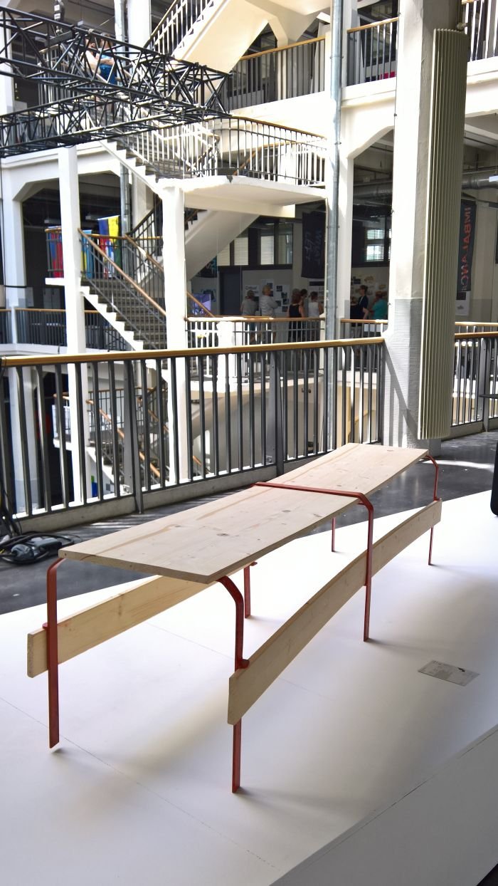 Bank der Tegernseer Gebräuche (2018) by Florian Knöbl, realised in context of MAGIS: Nomadic Cafe, as seen at Hochschule für Gestaltung Karlsruhe Rundgang 2018