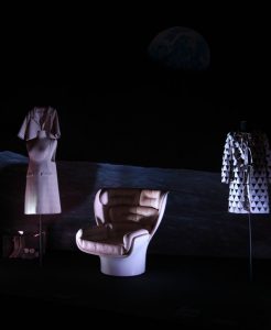 Space Age Design featuring clothing by Paco Rabanne & André Courrèges, the chair Elda by Joe Colombo and all against the backdrop of the photo Earthrise, as seen at 68. Pop und Protest Museum für Kunst und Gewerbe Hamburg