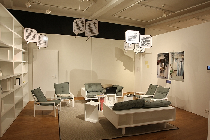 A fictional communal housing project lounge, as seen at Together. The new architecture of the collective the Grassi Museum für Angewandte Kunst Leipzig
