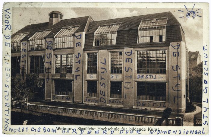 Postcard of the Bauhaus in Weimar, written by Theo van Doesburg and sent to his friend Antony Kok, 21 September 1921. (RKD – Netherlands Institute fo Art History, The Hague (Archive of Theo and Nelly van Doesburg))