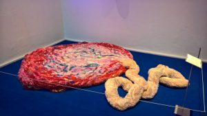 A tufted placenta. No honest. Flesh and blood by Maja Michaelsdotter Eriksson, as seen at Ung Svensk Form/Young Swedish Design 2019 Exhibition, ArkDes Stockholm