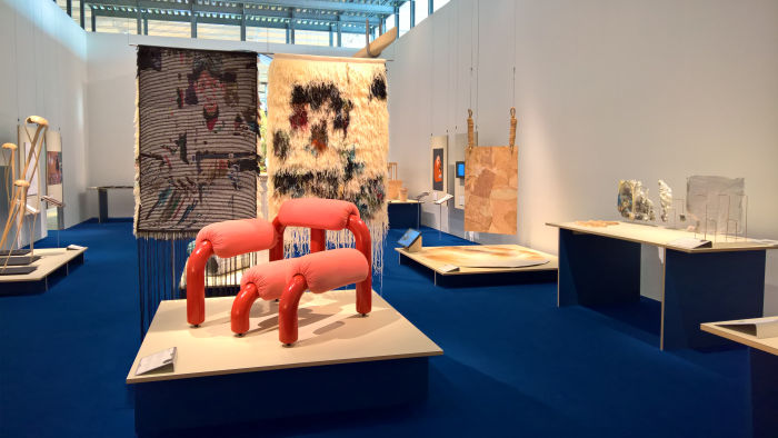 In the foreground Lobster by Martin Thübeck, behind it Google Weaving Stop-time (X) by Emelie Röndahl, as seen at Ung Svensk Form/Young Swedish Design 2019 Exhibition, ArkDes Stockholm