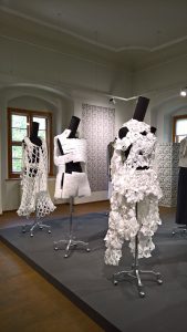 Works by Angewandte Kunst Schneeberg students, as seen at New textile worlds in a creative context – Potential technical, intelligent textiles + smart materials, Wasserschloß Klaffenbach, Chemnitz