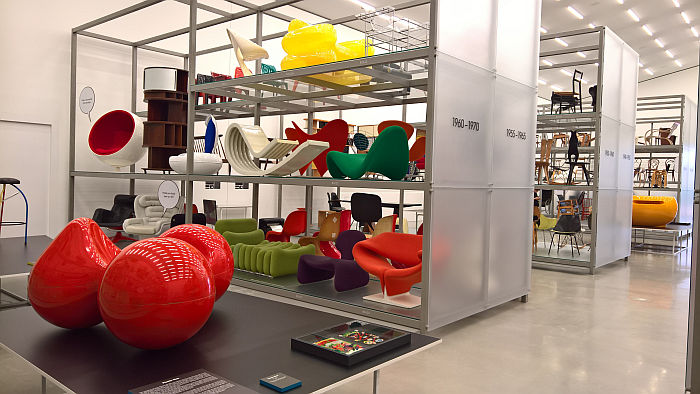 Eero Aarnio's Tomato Chair, and other free flowing forms, as seen at Living in a Box. Design and Comics, Vitra Design Museum Schaudepot