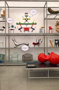 A discourse on design between Michele de Lucchi's First Chair, Etorre Sottsass's Carlton & Marc Newson's Lockheed Lounge, as seen at Living in a Box. Design and Comics, Vitra Design Museum Schaudepot