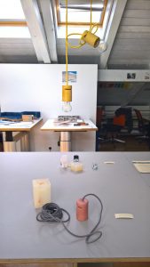 An anonymous pendant lamp created in the Rapid Protyping class, as seen at the Schulen für Holz und Gestaltung Garmisch-Partenkirchen 2019 summer exhibition.