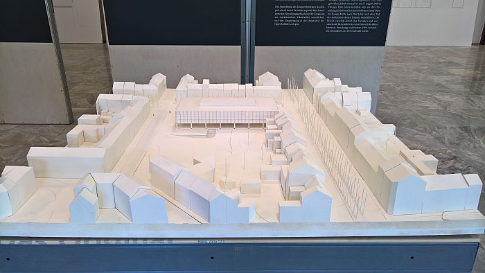 A model of the proposed VEGLA Vereinigte Glaswerke Aachen HQ by Ludwig Mies van der Rohe, as seen at Mies im Westen, Landeshaus des LVR Cologne