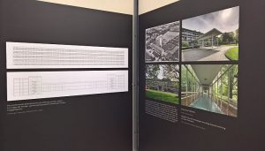Part of Ludwig Mies van der Rohe's plan for the Vereinigten Seidenwebereien HQ in Krefeld (l) and photos of the work as realised by Egon Eiermann, as seen at Mies im Westen, Landeshaus des LVR Cologne