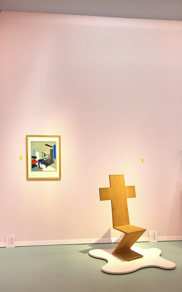 Illustration of the Rietveld Schröderhuis by Gerrit Rietveld (l) and Redesign Gerrit Rietveld Zigzagstoel by Alessandro Mendini (r), as seen at Mondo Mendini, The Groninger Museum, Groningen