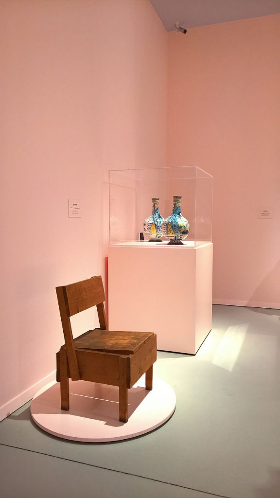 The Autoprogettazione chair by Enzo Mari and two 16th century vases Orazio Pompei, as seen at Mondo Mendini, The Groninger Museum, Groningen