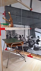 Affe by Kay Bojesen & a school desk by Arne Jacobsen for his Munkegard primary school building, as seen at Nordic Design. The Response to the Bauhaus, Bröhan Museum, Berlin