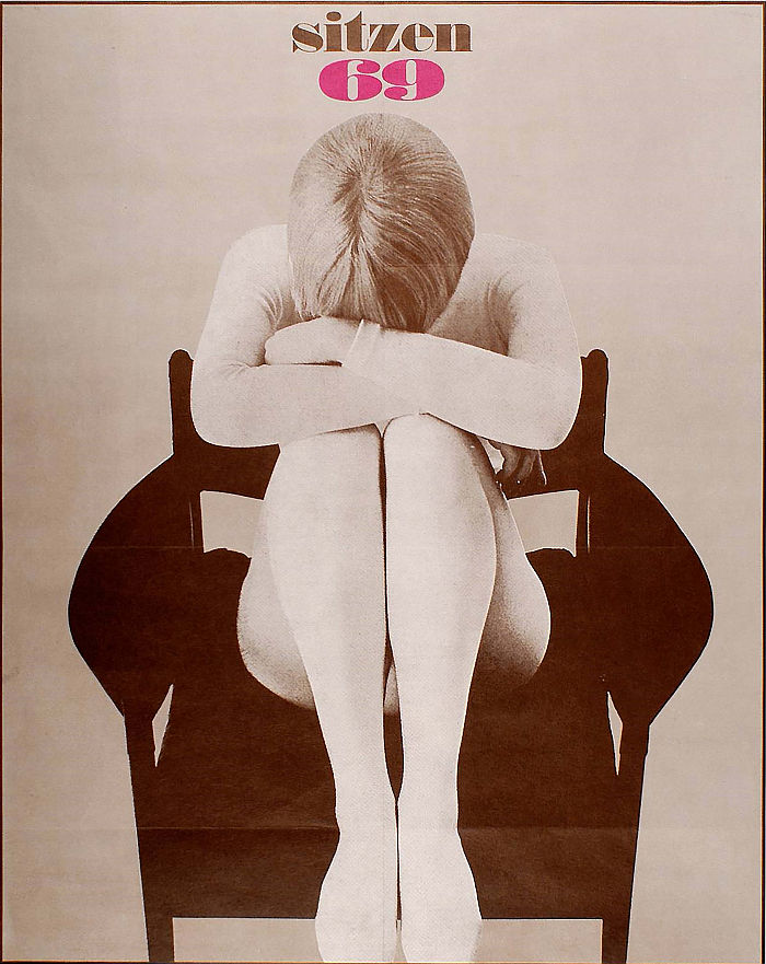 No wonder she's upset, it 1969 and there are only wooden chairs in Vienna!! The original Sitzen 69 poster by Christoph Schartelmüller (image © and courtesy MAK Wien) 