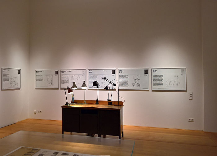 Positionable lamps and their patents, as seen at 100 Years of Positionable Light, Museum für Kunst und Gewerbe, Hamburg