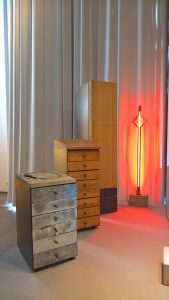 Two sideboards and a cupboard by Wolfgang Laubersheimer & a neon lamp by Gerd Arens, as seen at Design Gruppe Pentagon, Museum für Angewandte Kunst Cologne