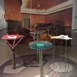 The four bistro tables developed for Cafe "Casino" at documenta 8, and an image of the interior, as seen at Design Gruppe Pentagon, Museum für Angewandte Kunst Cologne