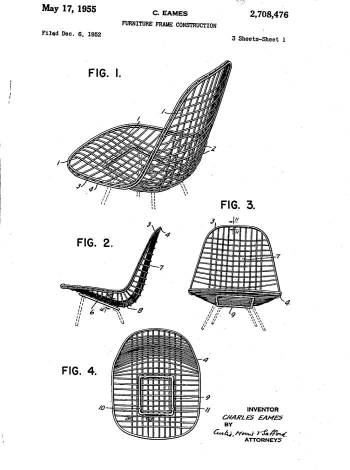 Eames US Patent 2,708,476 for "Furniture Frame Construction"