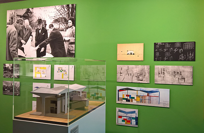 Sketches and model of the contemporary Pavillon Le Corbusier, as seen at Le Corbusier and Zürich, Museum für Gestaltung, Pavillon Le Corbusier, Zürich