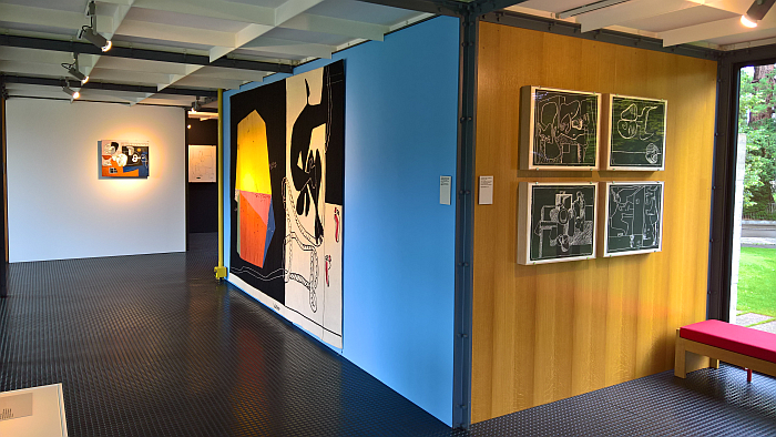 Art works and the tapestry Traces de pas dans la nuit by Le Corbusier, as seen at Le Corbusier and Zürich, Museum für Gestaltung, Pavillon Le Corbusier, Zürich