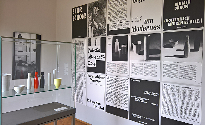 The Tulpen vase by Christa Petroff-Bohne for VEB Porzellanwerk Freiberg, and young Christa Petroff-Bohne wtching from a 1958 newpaper, as seen at Beauty of Form. The Designer Christa Petroff-Bohne, Kunstgewerbemuseum Dresden
