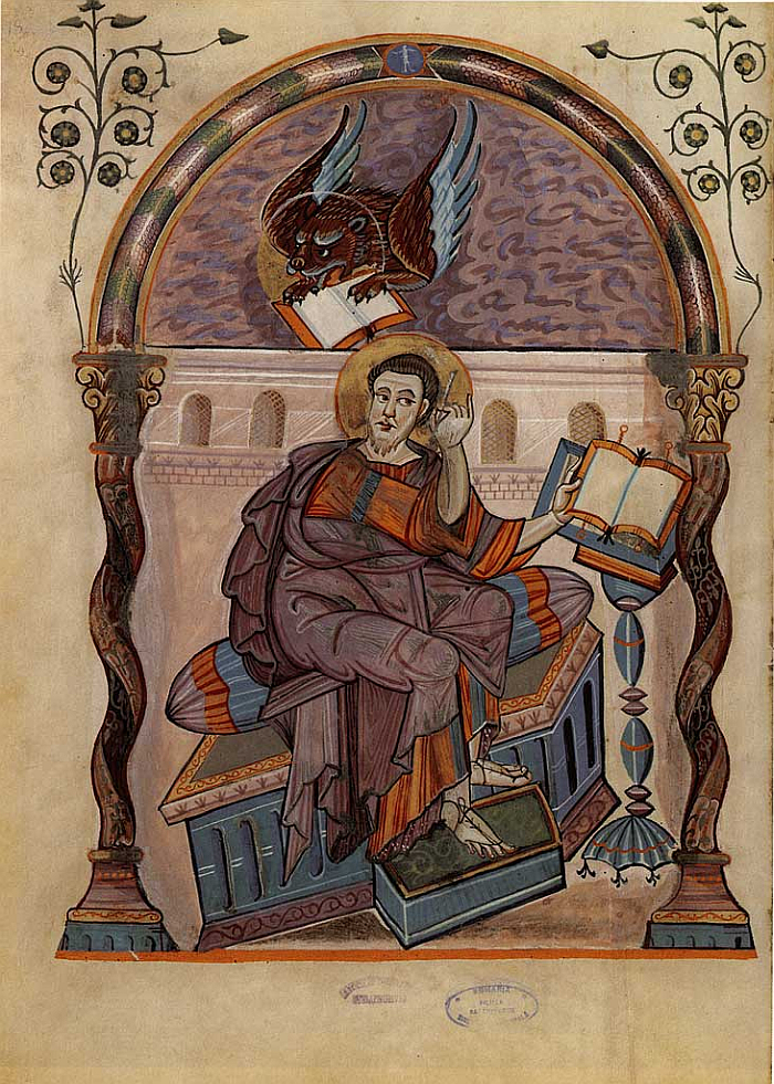Mark as depicted in the Codex Aureus of Lorsch, ca. 810 CE Note that the seat and lectern are seperate, and the carving is purely decorative