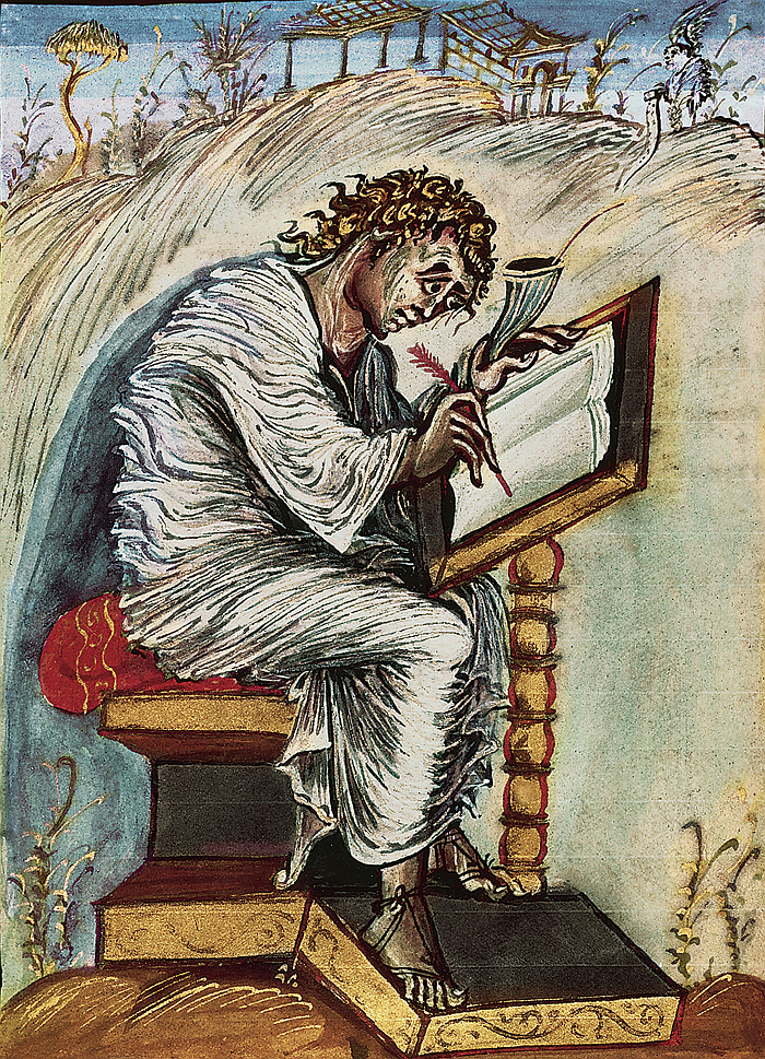 Matthew writing his gospel as depicted in the Ebbo Gospels (ca. first half ninth century CE) Note seat, footrest and lectern appear to be one object. (Perspective and 9th century artists weren't the best of friends)