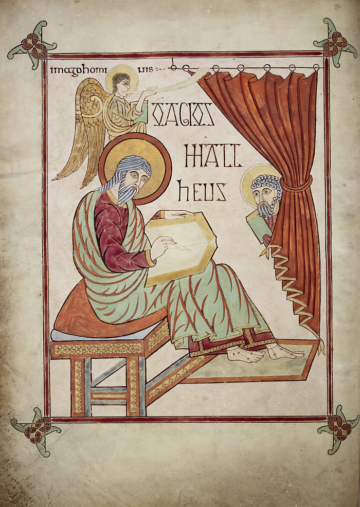 Matthew writing his gospels on his lap, as depicted in the Lindesfarne Gospels (ca 710 CE) (image British Library via commons.wikimedia CC0)