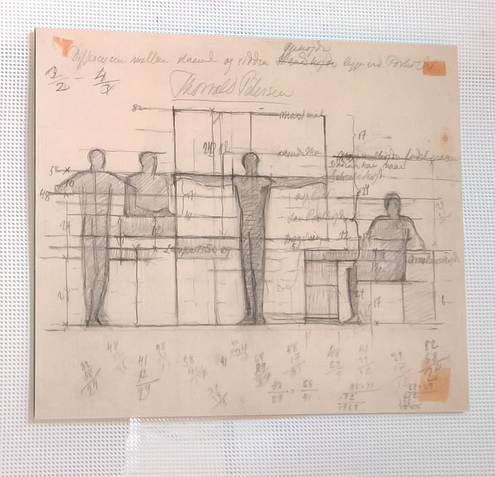 One of Kaare Klint's sketches of human proportions, as seen at Gesamtkunstwerke – Architecture by Arne Jacobsen and Otto Weitling in Germany at Felleshus, The Nordic Embassies, Berlin