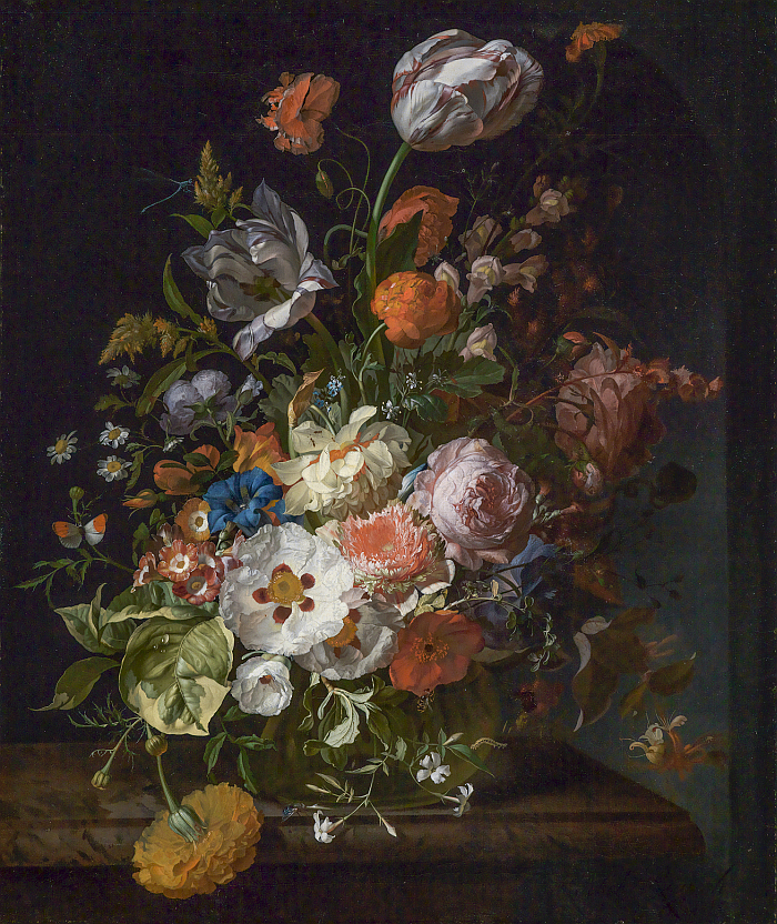 Is a still-life of flowers in a vase a painting of nature? Blumenstrauss by Rachel Ruysch,1715, part of Inventing Nature Pflanzen in der Kunst Kunsthalle Karlsruhe (photo © and courtesy Staatliche Kunsthalle Karlsruhe)