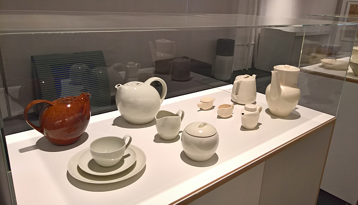 A selection of ceramics, including Margarete Jahny's 1953 Diploma Project (brown tea pot and the white tea service next to it), as seen at The Early Years. Mart Stam, the Institute and the Collection of Industrial Design, the Werkbundarchiv Museum der Dinge, Berlin