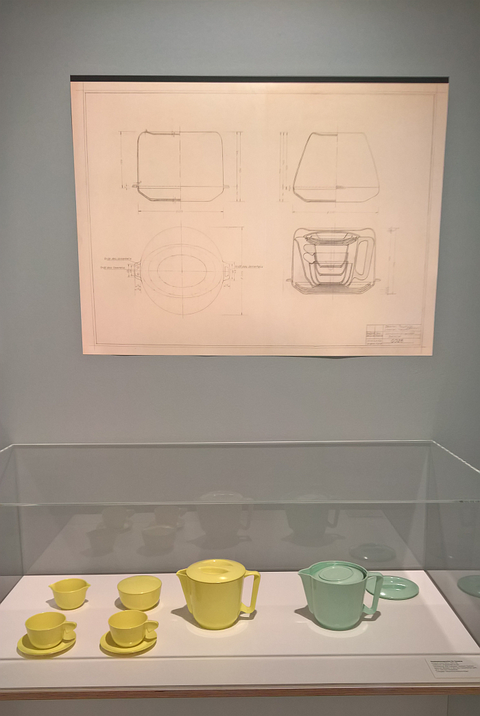 A plastic tea/coffee service for use when camping designed by Hans Merz, 1957/58, as seen at The Early Years. Mart Stam, the Institute and the Collection of Industrial Design, the Werkbundarchiv Museum der Dinge, Berlin