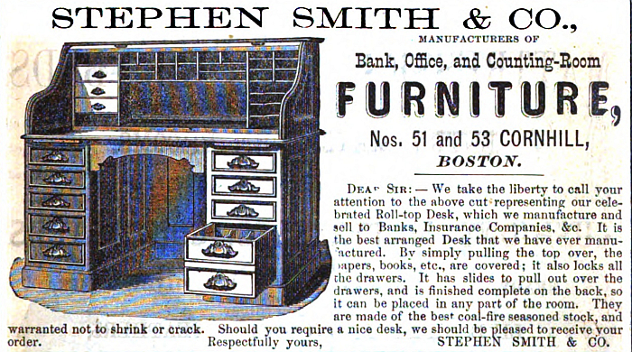 An 1870s advert for Stephan Smith &amp; Co, Boston, an early producer of commercial office roll-top desks (Image from The Boston Directory)