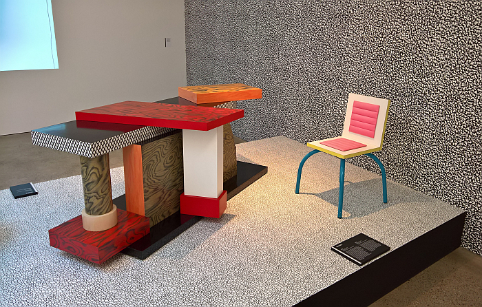 Tartar table by Ettore Sottsass & Riviera chair by Michele De Lucchi for Memphis, as seen at Memphis: 40 Years of Kitsch and Elegance Vitra Design Museum Gallery