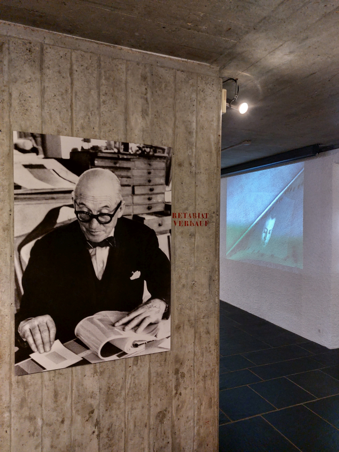 Le Corbusier in black and white, and not watching Poème électronique, as seen at Le Corbusier and Color at the Museum für Gestaltung, Pavillon Le Corbusier, Zürich