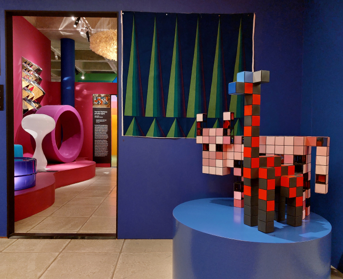Pantonaef building block animals (1975), and a view into the Panton family home, as seen at Verner Panton - Colouring a New World, Trapholt, Kolding