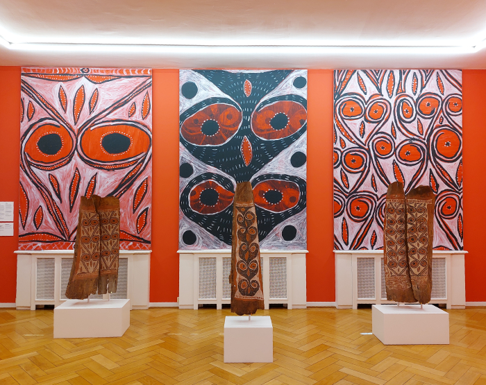 Works by artists in Avim, Papua New Guinea. Those on the wall produced in 2019, those in the foreground "collected" in 1961, as seen at Green Sky, Blue Grass. Colour Coding Worlds, Weltkulturen Museum, Frankfurt