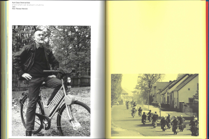 Karl Clauss Dietel on his Cityblitz pedelec for Diamant in 1992 (l) &amp; the Simson Club "2 Takt Freaks" out and about in 2016 (r), as seen in karl clauss dietel. die offene form by Walter Scheiffele and Steffen Schuhmann, Spector Books, 2021 (Image courtesy Spector Books)