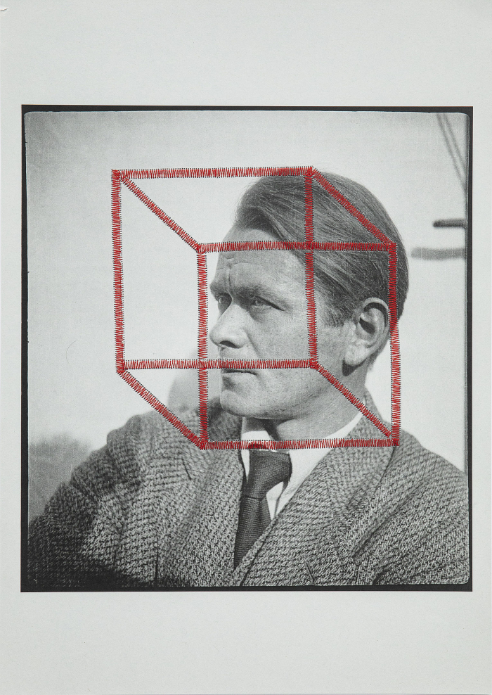 Erich Dieckmann and a cube.... Collage mit Stickerei by Margit Jäschke, (Photo Matthias Ritzmann, courtesy Burg Giebichenstein Kunsthochschule Halle)