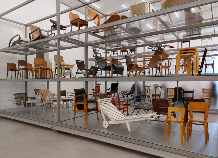 Plywood furniture including as a new addition Aino Aalto's late 1930s garden lounger, , as seen at Spot On: Women Designers in the Collection, Vitra Design Museum Schaudepot, Weil am Rhein