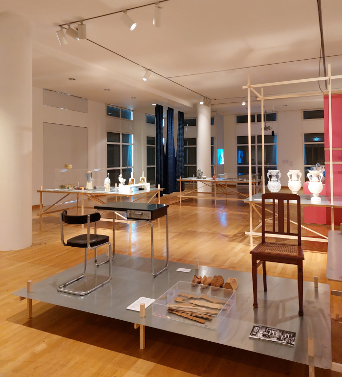 A 1930s bent tubular steel table and chair by Mart Stam for Thonet (l) and contemporary version of a Rabenau chair from ca. 1910, as seen at Craft as Myth. Between Ideal and Real Life, Museum Angewandte Kunst, Frankfurt 